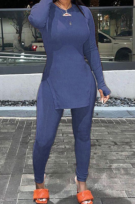 Black Simple Pure Color Long Sleeve Round Neck Slit Tops Pencil Pants Suit N9270-2