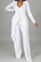 White Ribber Long Sleeve V Neck Irregular Tops Trousers Solid Color Set SY8829-1