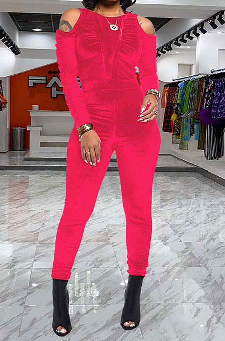 Watermelon Red Women Casual Velvet Off Shoulder Pure Color Ruffle Bodycon Jumpsuits ED8539-4