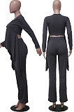 White Ribber Long Sleeve V Neck Irregular Tops Trousers Solid Color Set SY8829-1