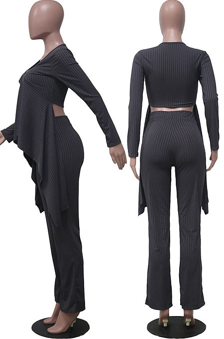 Grey Ribber Long Sleeve V Neck Irregular Tops Trousers Solid Color Set SY8829-4