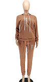 Brown Women Hoodie Drawsting Embroidered Casual Pants Sets SMY81124-3