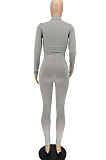 Gray Women Solid Color Zipper Long Sleeve Bodycon Pants Sets SMY81123-1