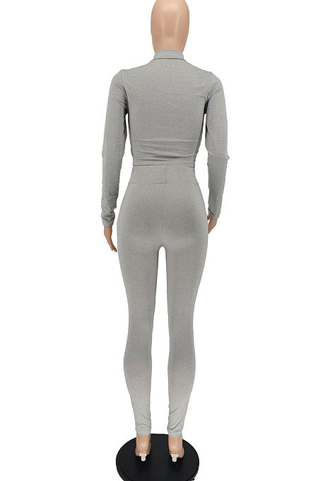 Gray Women Solid Color Zipper Long Sleeve Bodycon Pants Sets SMY81123-1