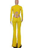 Red Women Pure Color Long Sleeve Dew Waist Sexy Ribber Tiny Flared Pants Sets ED8537-2