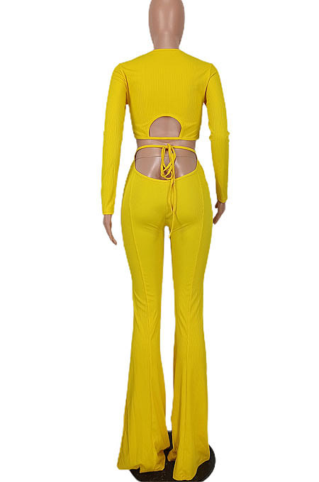 Red Women Pure Color Long Sleeve Dew Waist Sexy Ribber Tiny Flared Pants Sets ED8537-2