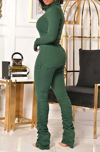 Green Women High Collar High Elastic Ribber Trendy Shirred Detail Pants Sets XT8126-4