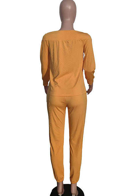 Yellow Women Letters Printing Ribber High Elastic Loose A Word Shoulder Autumn Winter Pants Sets XT8125-1