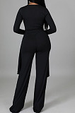 White Ribber Long Sleeve V Neck Irregular Tops Trousers Solid Color Set SY8829-1