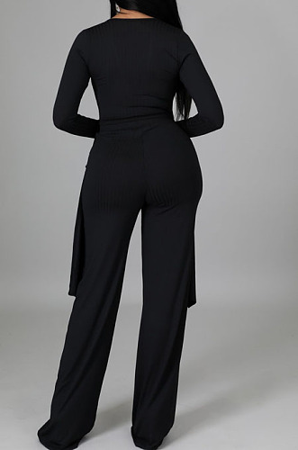 Black Ribber Long Sleeve V Neck Irregular Tops Trousers Solid Color Set SY8829-3