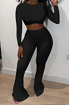 Black Women Pure Color Long Sleeve Dew Waist Sexy Ribber Tiny Flared Pants Sets ED8537-3
