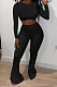 Black Women Pure Color Long Sleeve Dew Waist Sexy Ribber Tiny Flared Pants Sets ED8537-3