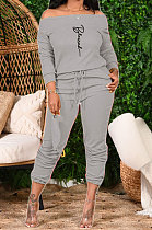 Gray Women Letters Printing Ribber High Elastic Loose A Word Shoulder Autumn Winter Pants Sets XT8125-3