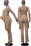 White Ribber Long Sleeve V Neck Irregular Tops Trousers Solid Color Set SY8829-1