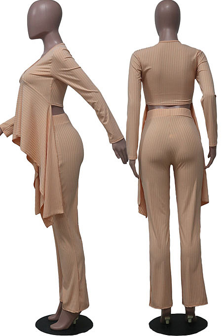 Grey Ribber Long Sleeve V Neck Irregular Tops Trousers Solid Color Set SY8829-4