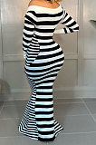 Luxe Simple Striple Long Sleeve Square Neck Collect Waist For Party Mermaid Dress E8618