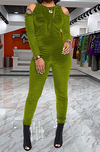 Dark Green Women Casual Velvet Off Shoulder Pure Color Ruffle Bodycon Jumpsuits ED8539-3