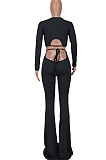 Yellow Women Pure Color Long Sleeve Dew Waist Sexy Ribber Tiny Flared Pants Sets ED8537-1