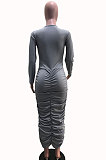 Black Women Long Sleeve Solid Color Fashion Round Collar Shirred Detail Long Dress YSH86273-2