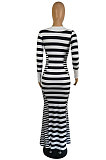Luxe Simple Striple Long Sleeve Square Neck Collect Waist For Party Mermaid Dress E8618