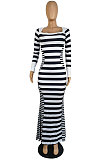 Luxe Simple Striple Long Sleeve Square Neck Collect Waist For Party Mermaid Dress E8618