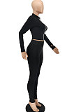 Gray Women Solid Color Zipper Long Sleeve Bodycon Pants Sets SMY81123-1