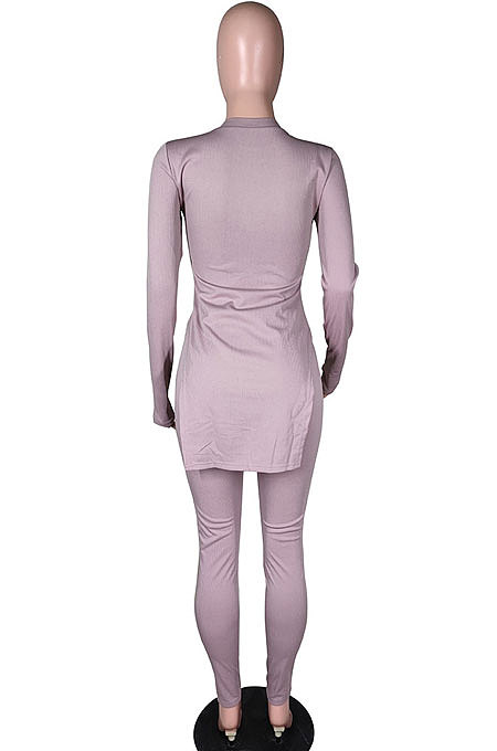 Brown Simple Pure Color Long Sleeve Round Neck Slit Tops Pencil Pants Suit N9270-1