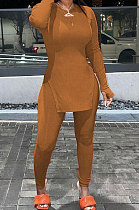 Brown Simple Pure Color Long Sleeve Round Neck Slit Tops Pencil Pants Suit N9270-1