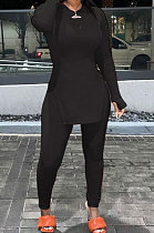 Black Simple Pure Color Long Sleeve Round Neck Slit Tops Pencil Pants Suit N9270-2