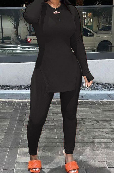 Black Simple Pure Color Long Sleeve Round Neck Slit Tops Pencil Pants Suit N9270-2