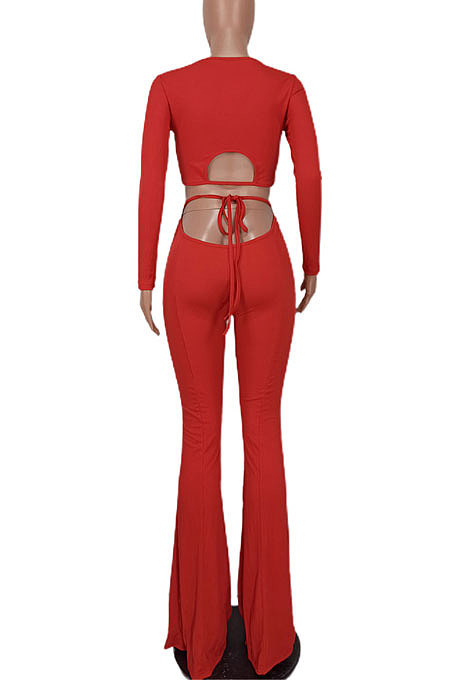 Red Women Pure Color Long Sleeve Dew Waist Sexy Ribber Tiny Flared Pants Sets ED8537-2