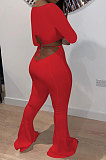 Yellow Women Pure Color Long Sleeve Dew Waist Sexy Ribber Tiny Flared Pants Sets ED8537-1