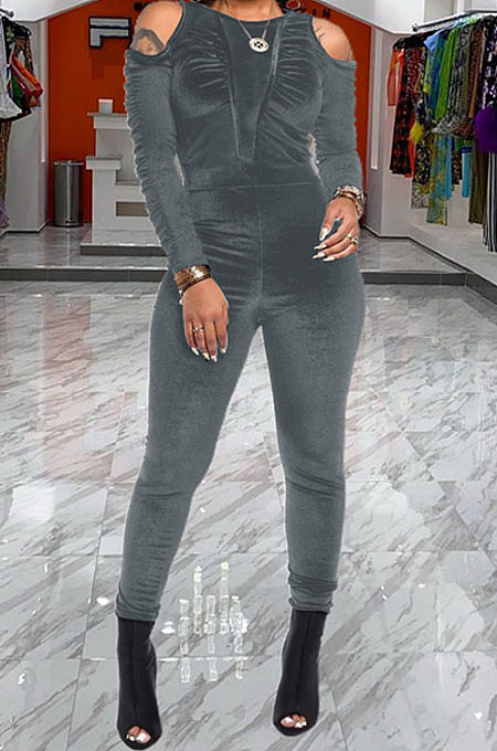Dark Green Women Casual Velvet Off Shoulder Pure Color Ruffle Bodycon Jumpsuits ED8539-3