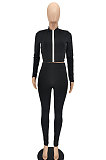 Gray Women Solid Color Zipper Long Sleeve Bodycon Pants Sets SMY81123-1