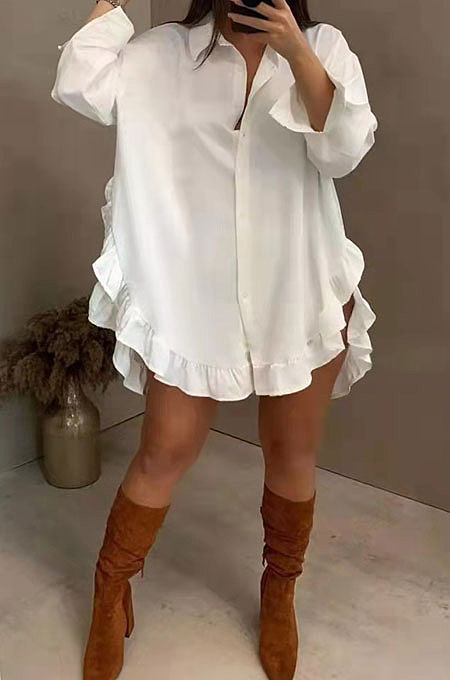 White Women Fashion Flounce Cardigan Shirts Pure Color Mini Dress XT8120