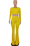 Red Women Pure Color Long Sleeve Dew Waist Sexy Ribber Tiny Flared Pants Sets ED8537-2