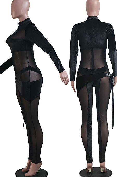 Brown Nigh Club Velvet Mesh Spliced Long Sleeve Irregular Jumpsuits SY8830-1