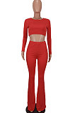 Yellow Women Pure Color Long Sleeve Dew Waist Sexy Ribber Tiny Flared Pants Sets ED8537-1
