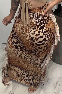 Yellow Euramerican Women Leopard Printing Tassel Skirts HM5516-2