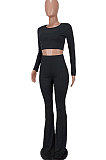 Yellow Women Pure Color Long Sleeve Dew Waist Sexy Ribber Tiny Flared Pants Sets ED8537-1