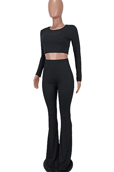 Yellow Women Pure Color Long Sleeve Dew Waist Sexy Ribber Tiny Flared Pants Sets ED8537-1