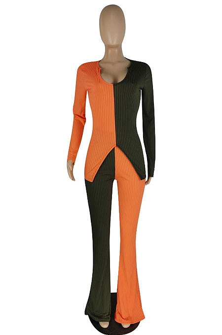 Black Fashion Ribber Spliced Long Sleeve Flare Pants Slim Fitting Two-Piece E8620-2