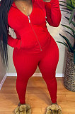Grey Cotton Blend Long Sleeve Zipper Hoodie Skinny Pants Solid Color Suit FH180-1