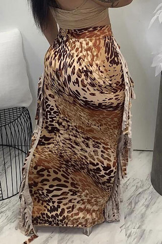 Yellow Euramerican Women Leopard Printing Tassel Skirts HM5516-2