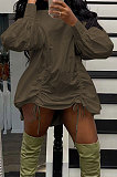 Army Green Design Newest Long Skeeve High Neck Loose Drawstring Dress DR88136-1
