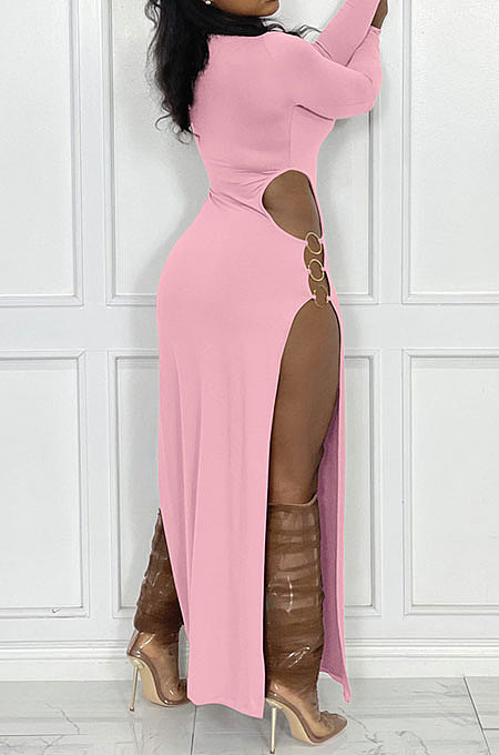 Pink Women's Milk Fiber Long Sleeve Round Neck Slim Fitting High Slit Dress DR88129-4