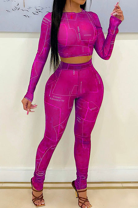 Black Night Club Letter Printed Long Sleeve Crop Tops Skinny Pants Mesh Fashion Suit MN8383-3