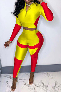 Yellow Women Sexy Trendy Dew Waist Color Matching Sport Bodycon Pants Sets ED1088-1