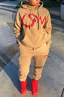 Khaki Casual Sports Letter Printed Long Sleeve Hoodie Jumper Jogger Pants Suit MN8386-1