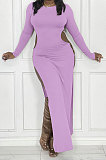 Black Women's Milk Fiber Long Sleeve Round Neck Slim Fitting High Slit Dress DR88129-3